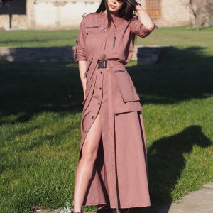 Utility Style Belted Shirt Dress Long Button Down