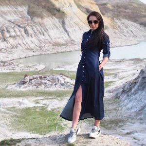 Navy Blue Denim Maxi Shirt Dress Long Button