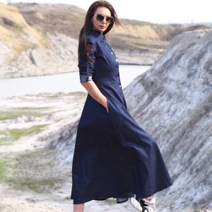 Navy Blue Denim Maxi Shirt Dress Long Button
