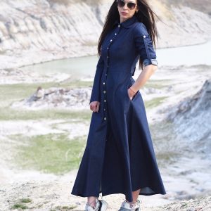 Navy Blue Denim Maxi Shirt Dress Long Button