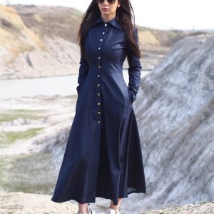 Navy Blue Denim Maxi Shirt Dress Long Button