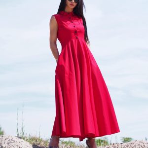 Sleeveless Red Shirt Dress Elegant Collared Maxi With