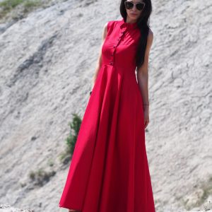 Sleeveless Red Shirt Dress Elegant Collared Maxi With