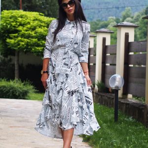 Print Flared Shirt Dress With Sleeves Casual Button