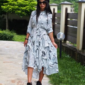 Print Flared Shirt Dress With Sleeves Casual Button