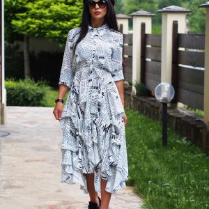 Print Flared Shirt Dress With Sleeves Casual Button