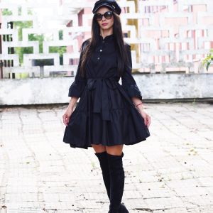 Black Cotton Shirt Dress With Belt Ruffle Long