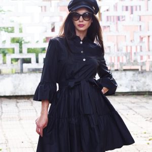 Black Cotton Shirt Dress With Belt Ruffle Long