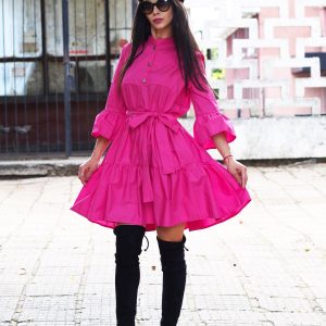 Black Cotton Shirt Dress With Belt Ruffle Long