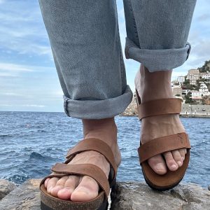 Men's Leather Sandals Black Slip On Greek Slides