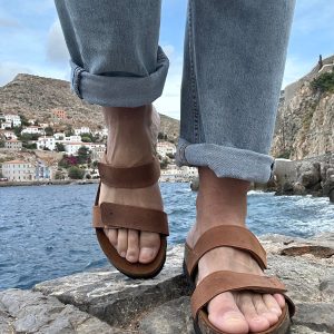 Men's Leather Sandals Black Slip On Greek Slides