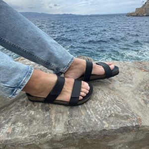 Men's Leather Sandals Black Slip On Greek Slides